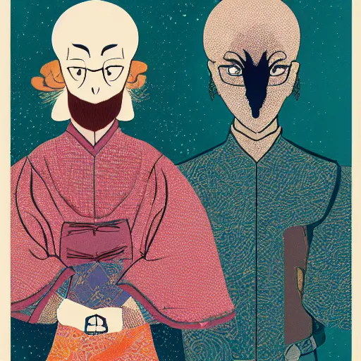 Prompt: portrait of two characters in the style of genshin impact art style and victo ngai