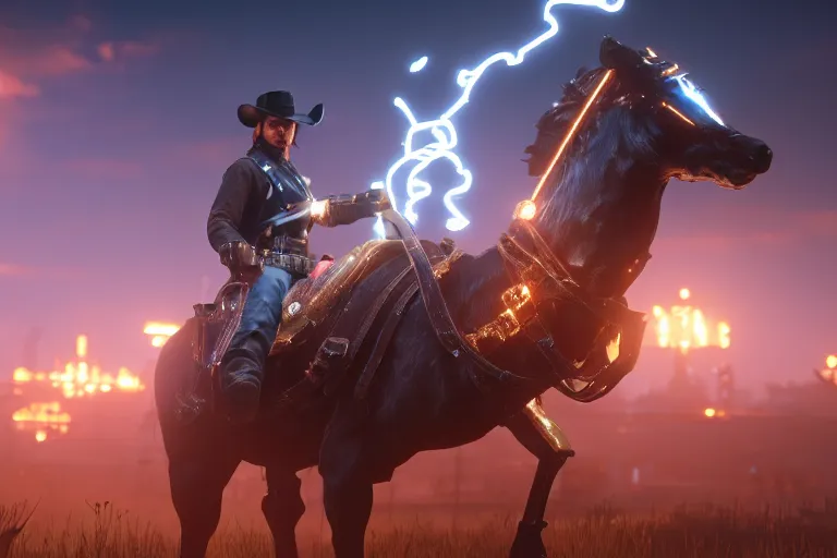 Image similar to photo from shoulder of a led cowboy, riding a led steampunk horse, carrying a big gun, on a futuristic city, cinematic lightning, ray tracing, unreal engine 5, photorealistic, 8 k, uhd, 4 k, red dead redemption 2 game concept, extremely detailed, beautiful, elegant, intricate, foggy, in - game footage