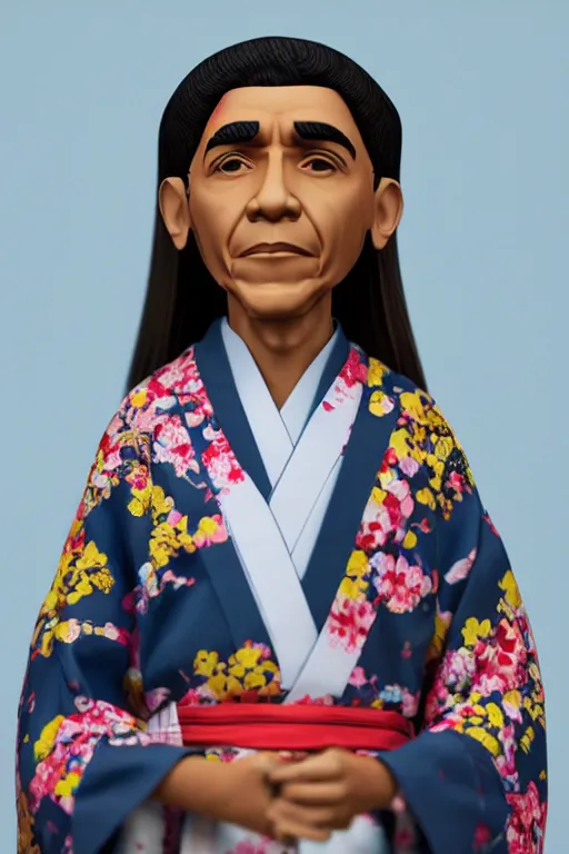 Prompt: full body 3d render of barack obama as an anime doll wearing a beautiful kimono, shinto shrine, blender, trending on artstation, 8k, highly detailed, bokeh, depth of field