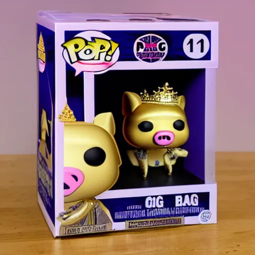 Image similar to A funko pop of a bag of a pig in a gold crown