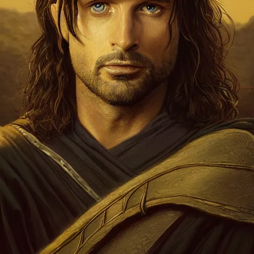 Image similar to Portrait of Aragorn, High King of the Reunited Kingdom, golden hour, detailed matte painting, cinematic, Alan Lee, Artstation