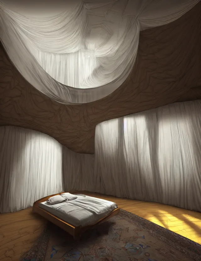 Prompt: an ultra wide angle photo of a bed hovering above the floor in the middle of a giant bedroom with impossible angles with windows opening to other worlds by casey weldon and lee madgewick and m. c. escher, photorealistic, octane render, recursive!!!!, flowing, cascading, multiverse!!!!!!, labyrinthine