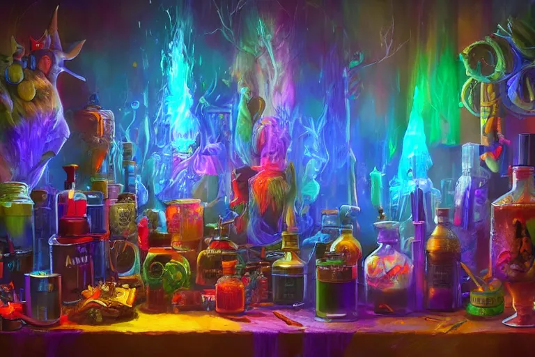 Prompt: a small rack filled with colorful glowing concoctions, magical potions, fantasy artwork, featured on artstation