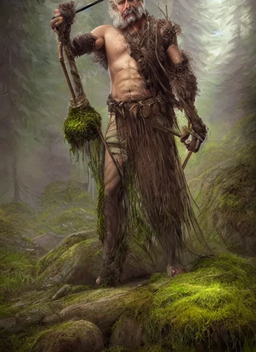 Image similar to a relaxed male middle aged druid in a sleeveless west, short brown hair, stringy, wielding a long staff which is covered in moss, full body, 8 k, hyperrealistic, hyperdetailed, fantasy portrait by laura sava