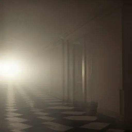 Prompt: dolly zoom stretch shot of a impossibly long hallway at the overlook hotel from the movie the shining, moody lighting, smoke effects, strobe lights, particle effects, atmospheric, in the style of stanley kubrick - h 6 4 0