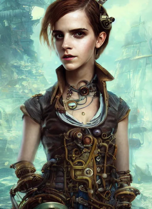 Image similar to underwater steampunk pirate biopunk portrait of emma watson, hyper detailed, digital art, cinematic lighting, studio quality, smooth render, unreal engine 5, octane rendered, art style by klimt and nixeu and ian sprigger and wlop and krenz cushart.