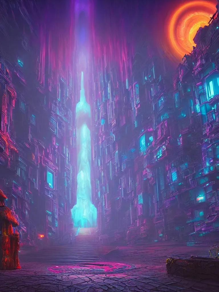 Image similar to entrance to ethereal realm, god waiting, rendered in unreal engine, central composition, symmetrical composition, dreamy colorful cyberpunk colors, 6 point perspective, fantasy landscape with anthropomorphic!!! terrain!!! in the styles of igor morski, jim warren, and rob gonsalves, intricate, hyperrealistic, volumetric lighting, neon ambiance, distinct horizon