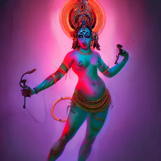 Image similar to thic hindu god kali dramatic posing as modler with a futurestic skin tattoo and bio-technical parts and neon light by Artgerm and Greg Rutkowski , digital painting, highly detailed, trending on artstation