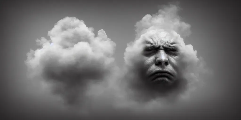 Prompt: angry face in a standalone realistic gray cloud on black background