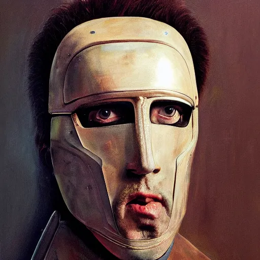 Prompt: a realistic painting by Raffaello Sanzi depicting the Metal Hero Jiban with the head of the symbiotic Nicolas Cage in the Renaissance,smooth,Sharp focus, trending on Artstation.