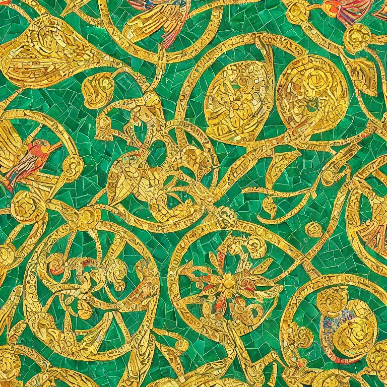 Image similar to art - deco ornament with mystic birds and flowers, highly detailed, photorealistic, mosaic, green and gold, symmetrical, ornate