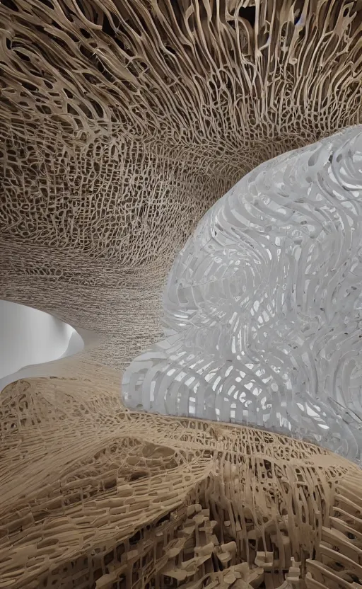 Image similar to interior of a villa parametric architecture fluid design, ultra detailed, natural lighting, volumetric lighting, wide angle shot, interlocking modular bio - bricks, 3 d printed in a mix of wood and translucent bioplastic, vincent callebaut, generative art nebula, cinematic, black metal, magnesium, unreal engine, 8 k,