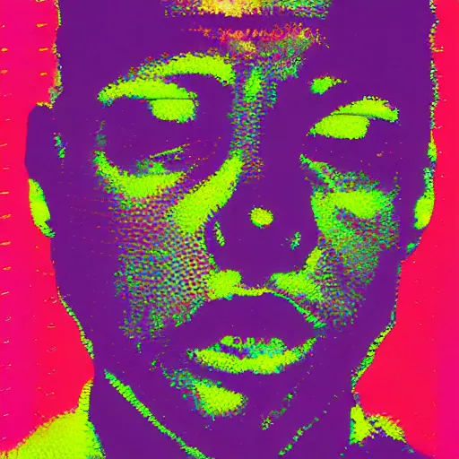 Prompt: magazine photo of a psychedelic portrait printed on paper, halftone texture