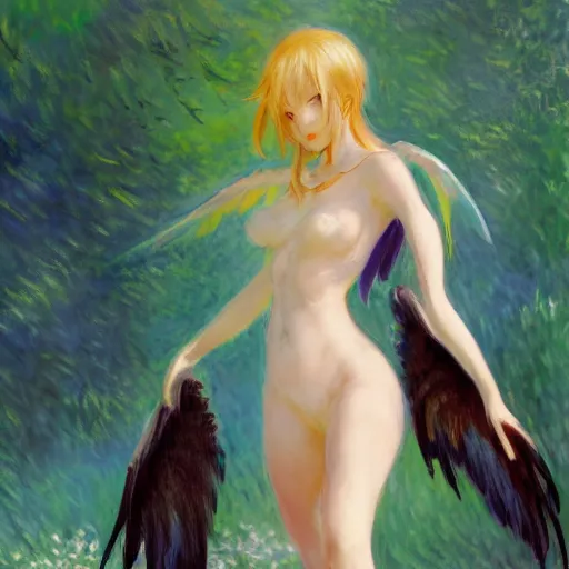 Image similar to Cute Harpy Girl by Pixiv ArtStation, anime scenery, by Edvard Monet Frank