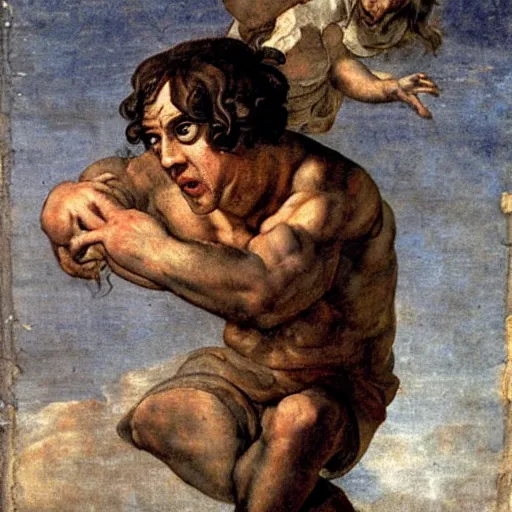 Image similar to detailed by pietro da cortona, by art fitzpatrick, by kelly freas pride & prejudice. body art. a man with a large head & a small body is floating in the air, his arms & legs flailing. his clothes are tattered & he has a wild look in his eyes.