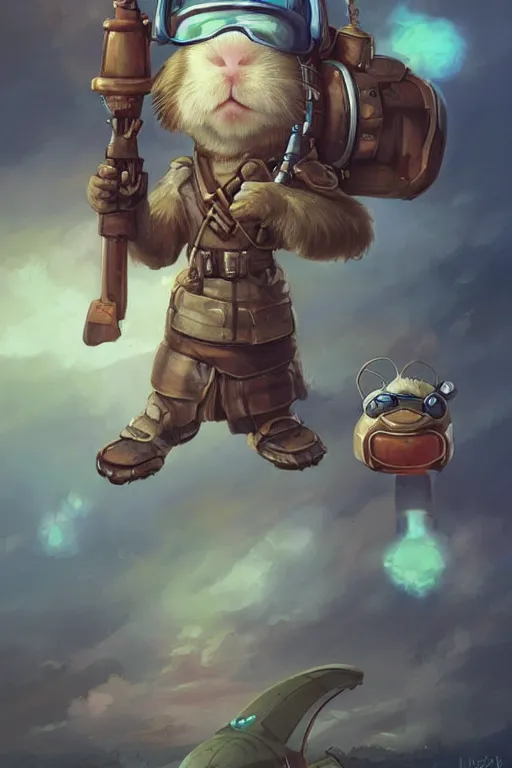 Image similar to cute little anthropomorphic Guinea Pig Pilot standing next to its plane, tiny, small, short, Pilot driver outfit, cute and adorable, pretty, beautiful, DnD character art portrait, matte fantasy painting, DeviantArt Artstation, by Jason Felix by Steve Argyle by Tyler Jacobson by Peter Mohrbacher, cinematic lighting
