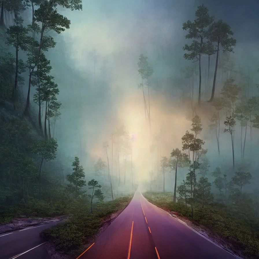 Image similar to surrealist abstract art of a highway road leading to the horizon through a thick giant forest down a rocky mountain coast towards a majestic sunset. atmospheric foggy landscape, soft tones, psychedelic, ultra realistic, concept art, modern art, photorealistic, octane render. art by nori inoguchi and sam kaplan and zachary goulko and christopher marley