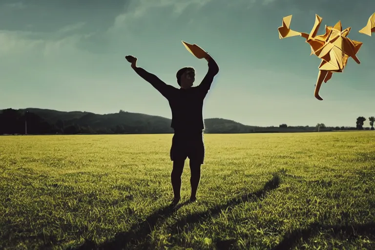 Prompt: a man made of origami dancing, dramatic lighting, with bokeh effect in a sunny meadow