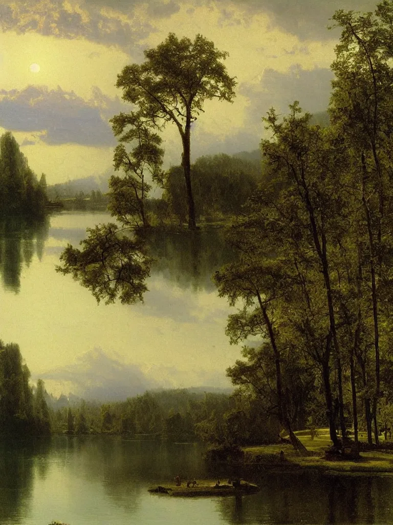 Image similar to lake scene landscape, by albert bierstadt