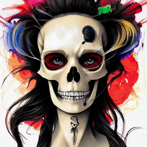 Prompt: anime manga skull portrait young woman skeleton, bart simpson, painterly, logo, graffiti, elegant, highly detailed, digital art, art by jc leyendecker and sachin teng