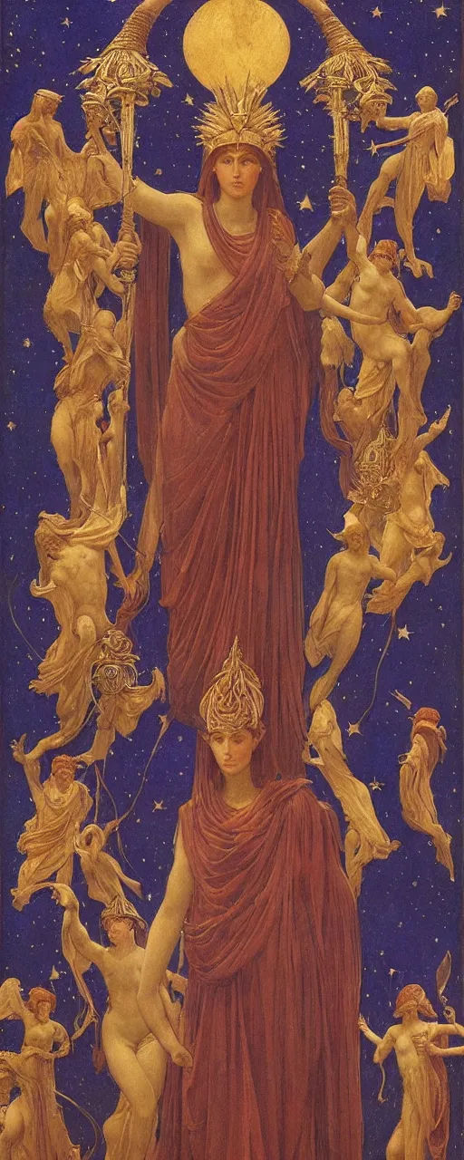 Image similar to saint woman, venus, athena, queen, by annie swynnerton and nicholas roerich and jean delville, strong dramatic cinematic lighting, ornate headdress, flowing robes, spines, flowers, stars, lost civilizations, smooth, sharp focus, extremely detailed, marble, obsidian, gold, space