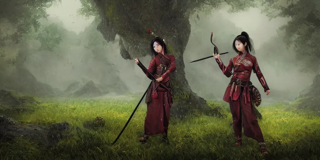 Image similar to An epic fantasy comic book style landscape painting of a young beautiful chinese girl holding a katana in a field of raining forest surrounded by bambok, unreal 5, DAZ, hyperrealistic, octane render, cosplay, dynamic lighting