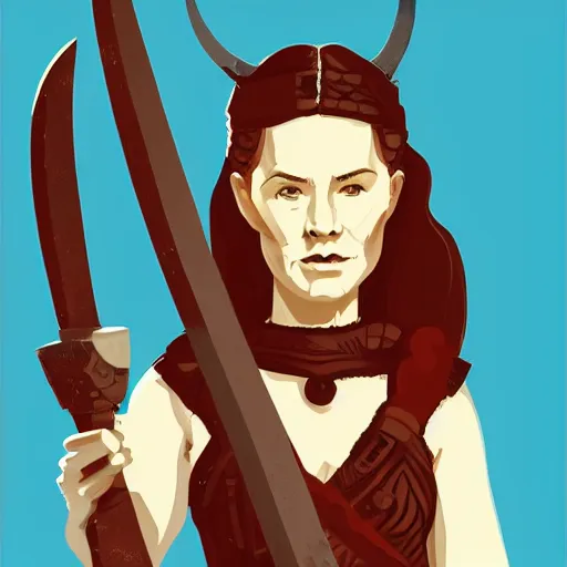 Prompt: A head and shoulders portrait of a fierce female viking warrior holding an axe, by Tom Whalen, sci-fi, fantasy, intricate, very very beautiful, elegant, highly detailed, digital painting, artstation, concept art, smooth, sharp focus