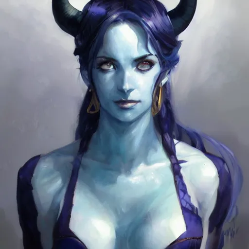 Prompt: a beautiful painting of Akasha, a woman with blue skin and horns by krenz cushart, trending on artstation