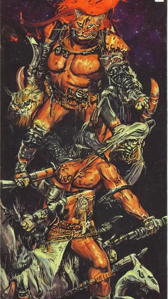 Image similar to 1 9 8 0 s pulp sci fi magazine illustration of a barbarian cat warrior by ralph bakshi