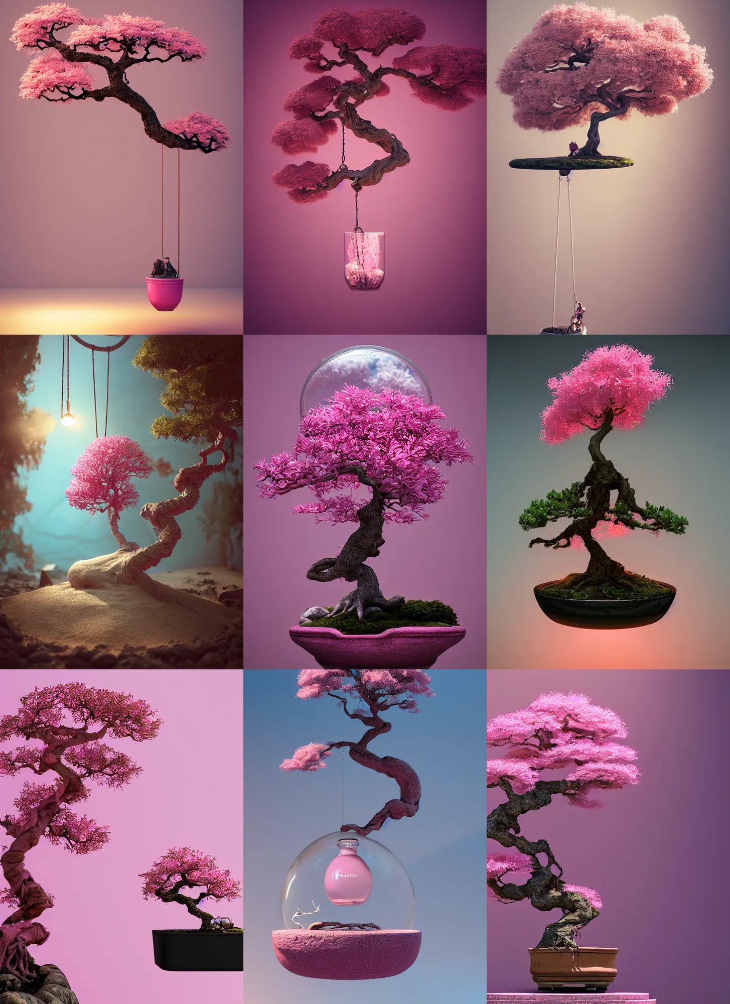 Prompt: swing on pink bonsai tree inside a glass jar buried in sand, intricate detail, volumetric lighting, epic composition, hyper detailed, ultra realistic, sharp focus, octane render, volumetric, ray tracing, artstation trending, cgsociety, sense of awe, swirling mist, 4 k