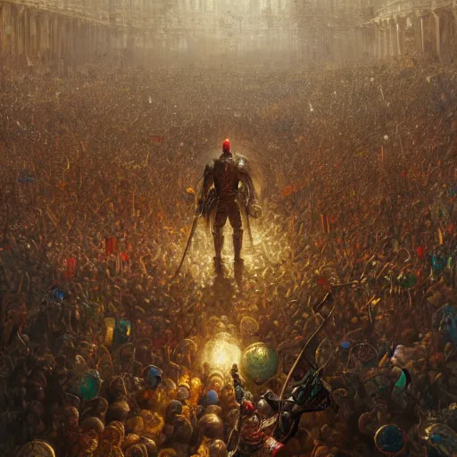 Image similar to artstation concept of a man in armor standing in a crowd gettig cheered, man with arms wide open, bright colorful, gold, hyperdetailed, artstation trending, world renowned artists, worth 1 0 0 0. com, historic artworks society, antique renewel, cgsociety, by greg rutkowski, by gustave dore, deviantart