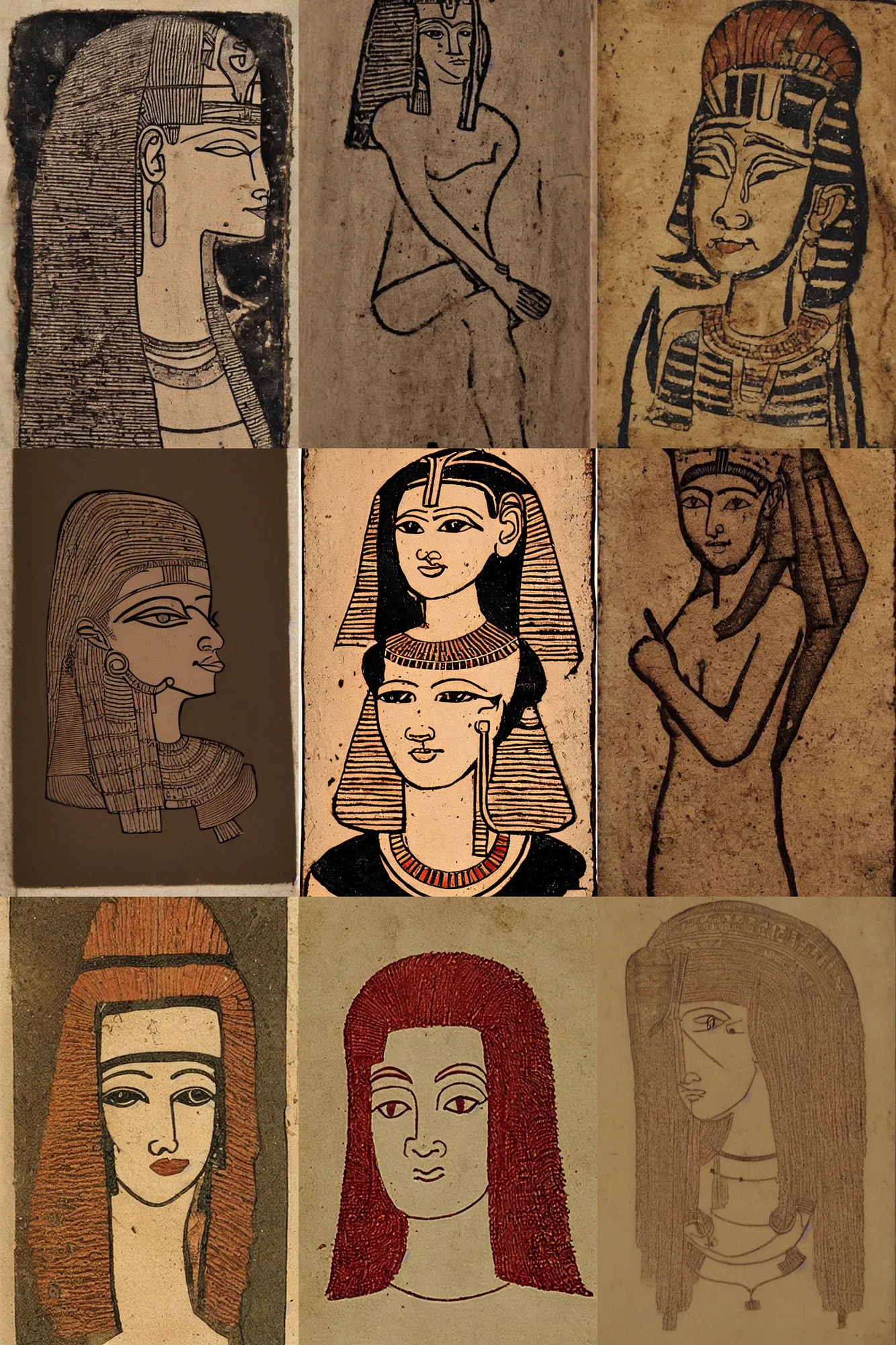 Prompt: Woman with red hair, ancient egyptian engraving