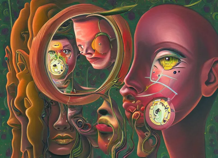 Image similar to a painting of a person looking in a mirror, a surrealist painting by Taro Okamoto, behance contest winner, pop surrealism, surrealist, cosmic horror, biomorphic