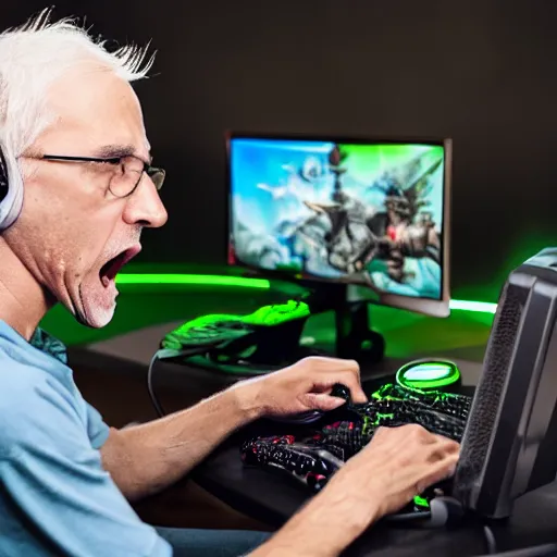 Image similar to very angry old man playing a game on a PC, razer gaming headset and chair