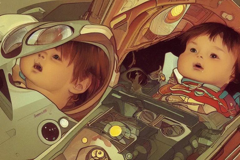 Image similar to a baby in a spaceship, very detailed, smooth render, illustration, art style by shigeru miyamoto and Alphonse Mucha