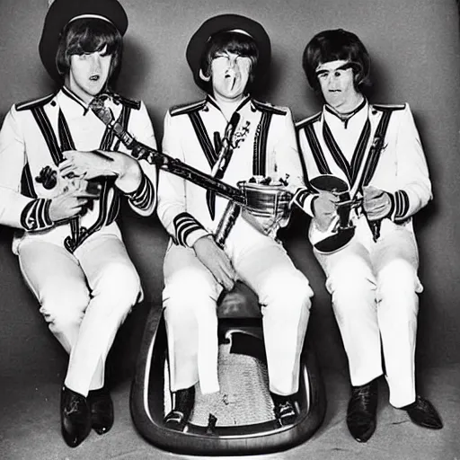 Image similar to 1 9 6 0 s photograph of a 4 piece white male psychedelic rock band in peppermint themed sailor outfits posing with instruments in a set that resembles sgt. pepper's lonely hearts club band