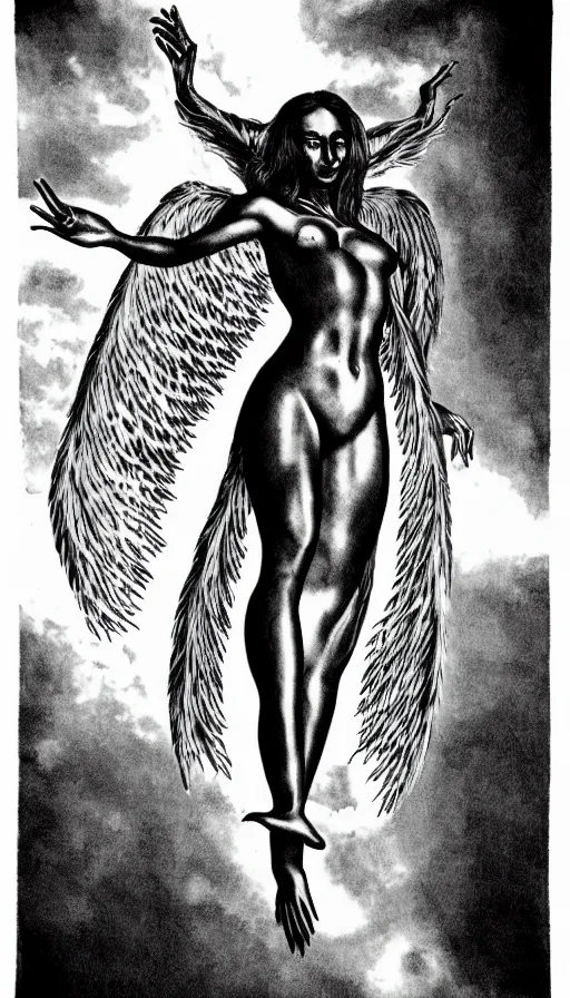 Image similar to manananggal, eerie silver engraving, high contrast