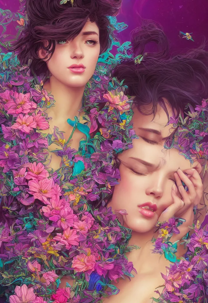 Prompt: sexy, beautiful, young woman, detailed gorgeous face, vaporwave aesthetic, synthwave, colorful, psychedelic, artstation, concept art, smooth, extremely sharp detail, flowers, bees, finely tuned detail, ultra high definition, 8 k, unreal engine 5, ultra sharp focus, illustration, art by artgerm, greg rutkowski and alphonse mucha
