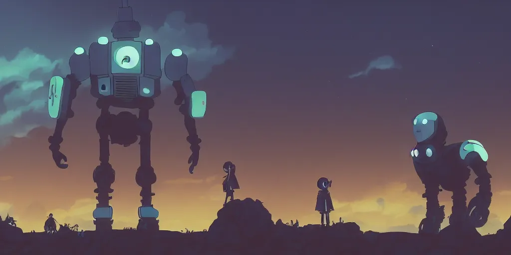 Image similar to Iron Giant, Very Cloudy Sky, Sun, Neon Lights, Subject in Middle, Rule of Thirds, 4K, Retrofuturism, Castlevania, Fantasy, hollow knight, Studio Ghibli, Simon Stålenhag