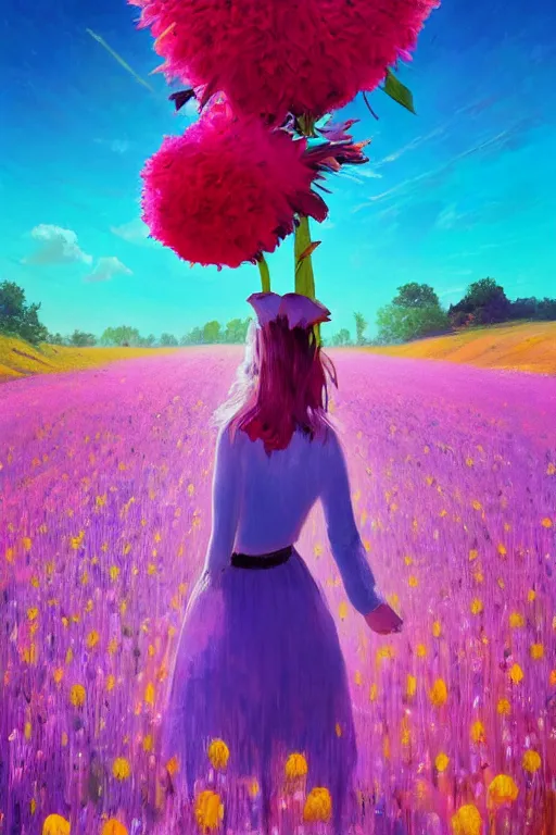 Image similar to giant flower head, girl walking in a flower field, surreal photography, sunrise, dramatic light, impressionist painting, colorful clouds, digital painting, artstation, simon stalenhag