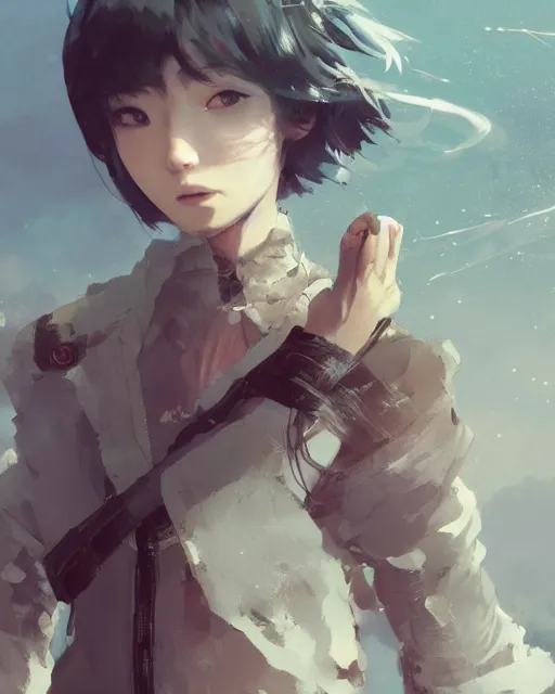 Image similar to a young japanese woman with very short hair looking to the skies, cinematic lighting, dramatic atmosphere, artwork by dustin nguyen, akihiko yoshida, greg tocchini, greg rutkowski, cliff chiang, 4 k resolution, trending on artstation,