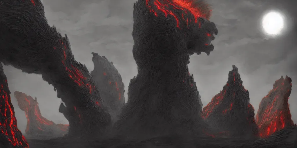 Prompt: concept art of a giant bulky lava titan, the sin of sloth, day time, foreboding, fantasy, field, trending on artstation, wayne barlowe