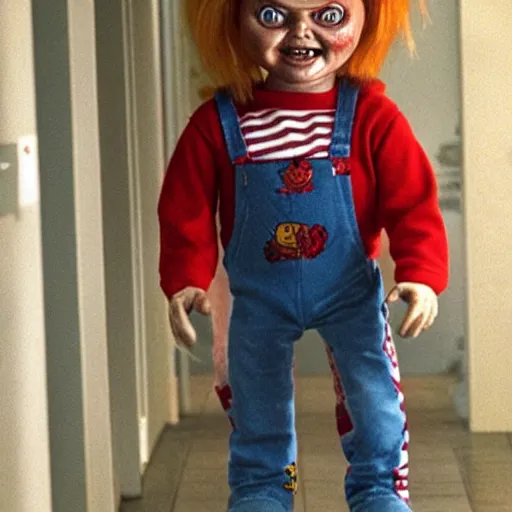 Image similar to chucky the killer doll standing in the hallway