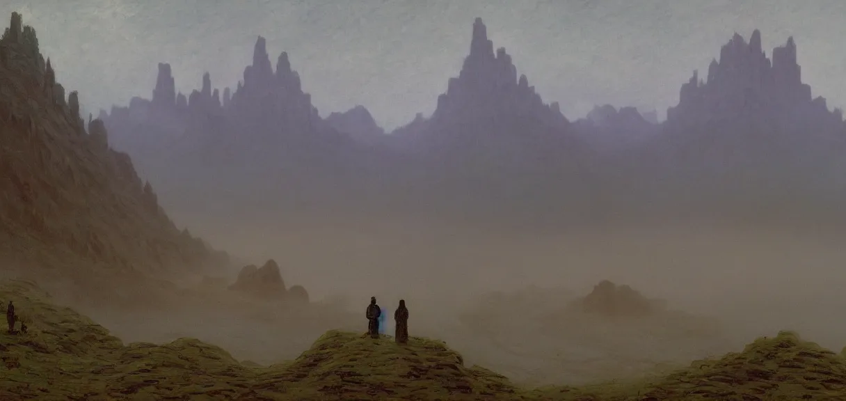 Image similar to A Spiritual landscape by the ancient masters, the sky is dark, the world is covered with fog, and two figures can be seen standing in the midst of it. The background is completely covered with an endless series of mountains and towers, with only their tops standing out from the fog by Simon Stålenhag and Claude Monet.