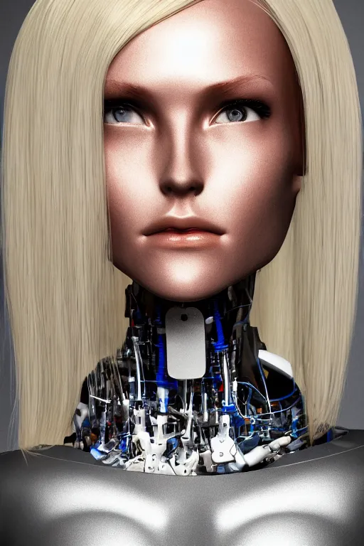 Image similar to robot with human face, female head, full body angle, woman human face, human face realistic, beautiful blonde hair, human head, human head with blonde hair, blonde hair human head, blonde hair, human realistic face, human head skin, cyborg frame concept, cyborg by ales-kotnik, sci-fi android female, the body is made of wires, robotic body, cyborg body, cyborg bust body, robot body cyborg, full body