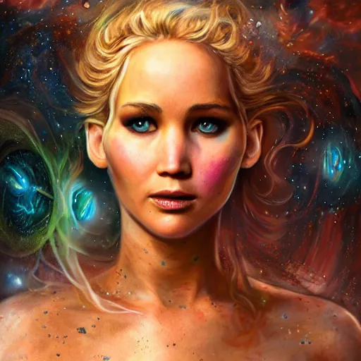 Prompt: a wlop 3 d render of very very very very highly detailed beautiful mystic portrait of a phantom cthulu priestess jennifer lawrence with whirling galaxy around, tattoos by anton pieck, intricate, extremely detailed, digital painting, artstation, concept art, smooth, sharp focus, illustration, intimidating lighting, incredible art,