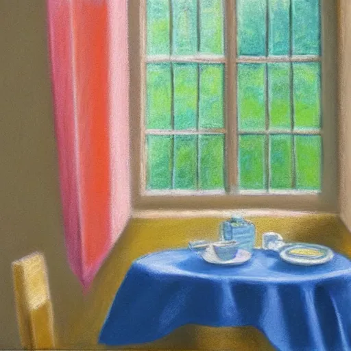 Image similar to a still life pastel painting of a breakfast table overlooking an open window