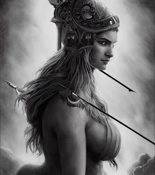 Image similar to beautiful aphrodite goddess wearing an arrow on her head, realistic face, beautiful eyes, black and white drawing, in the style of greg rutkowski, fantasy, amazing detail, epic, intricate, elegant, smooth, sharp focus