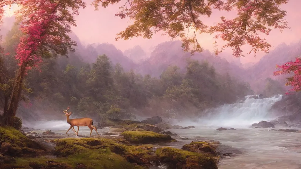 Image similar to the most beautiful panoramic landscape, oil painting, where a giant dreamy waterfall creates a river, the trees around are starting to bloom in pink colors, a majestic deer is in close - up and it is exhaling steam, the ray lights of the sunrise are brightening him, by greg rutkowski