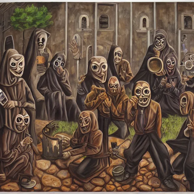 Image similar to several hooded disciples in purge masks, gathered in a brutalist courtyard, performing incantations over a fire in a barrel, by PJ Crook, oil on canvas